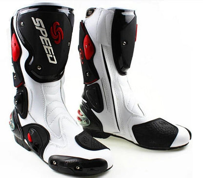 Speed Motorcycle Boots in White, Black & Red Leather at KingsMotorcycleFairings.com