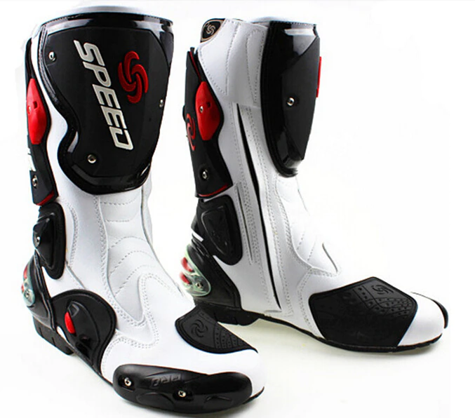 Speed Motorcycle Boots in White, Black & Red Leather at KingsMotorcycleFairings.com