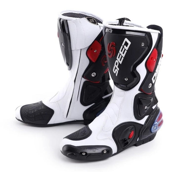 Speed Motorcycle Boots in White, Black & Red Leather at KingsMotorcycleFairings.com