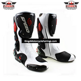 Speed Motorcycle Boots in White, Black & Red Leather at KingsMotorcycleFairings.com