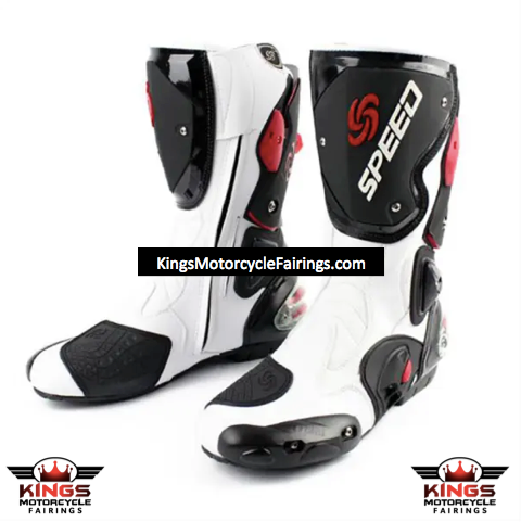 Speed Motorcycle Boots in White, Black & Red Leather at KingsMotorcycleFairings.com