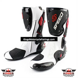 Speed Motorcycle Boots in White, Black & Red Leather at KingsMotorcycleFairings.com