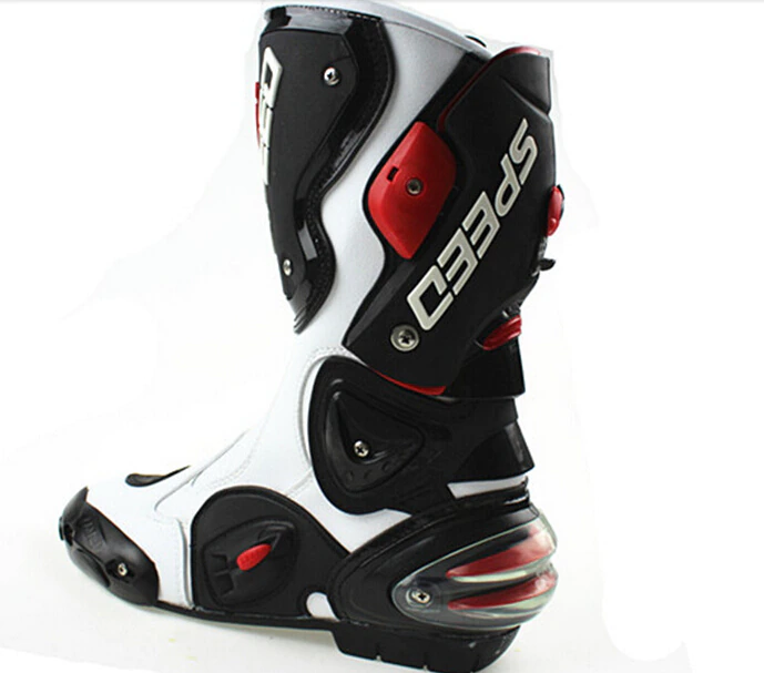 Speed Motorcycle Boots in White, Black & Red Leather at KingsMotorcycleFairings.com