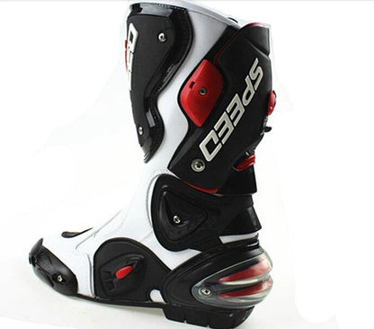 Speed Motorcycle Boots in White, Black & Red Leather at KingsMotorcycleFairings.com
