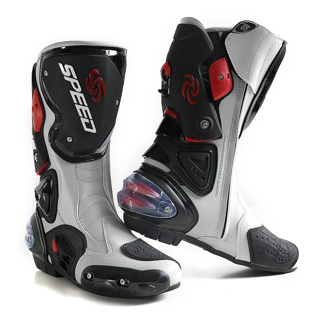 Speed Motorcycle Boots in White, Black & Red Leather at KingsMotorcycleFairings.com