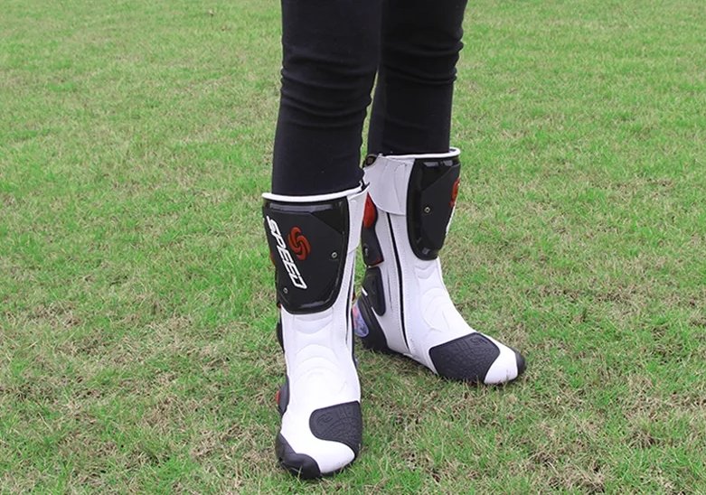 Speed Motorcycle Boots in White, Black & Red Leather at KingsMotorcycleFairings.com
