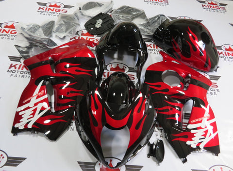 Candy Apple Red Flames and Black Fairing Kit for a 1999, 2000, 2001, 2002, 2003, 2004, 2005, 2006, & 2007 Suzuki GSX-R1300 Hayabusa motorcycle (with flame tank cover option)