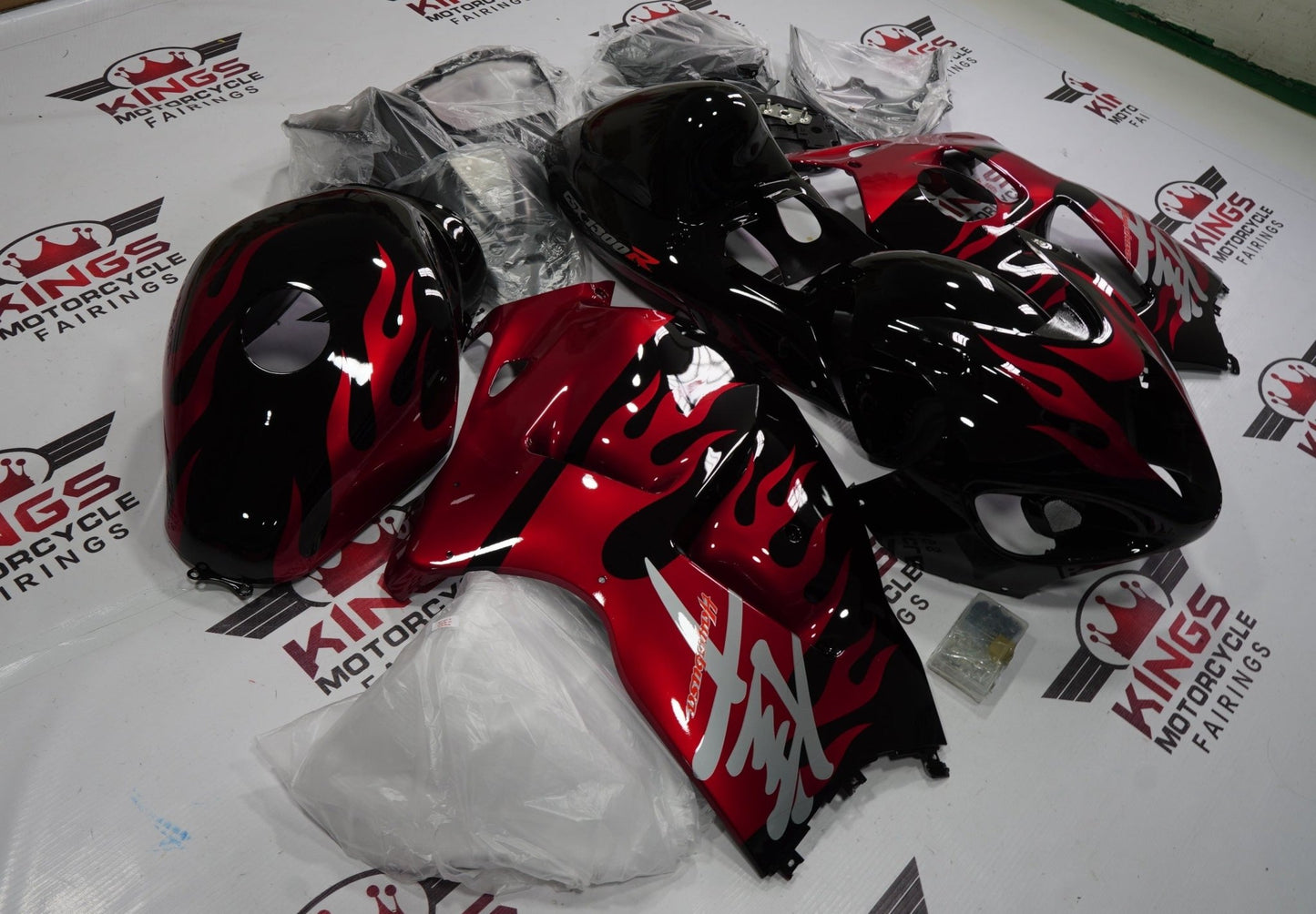 Candy Apple Red Flames, Black and Gray Fairing Kit for a 1999, 2000, 2001, 2002, 2003, 2004, 2005, 2006, & 2007 Suzuki GSX-R1300 Hayabusa motorcycle