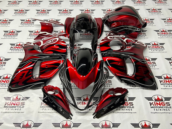 Suzuki GSXR1300 Hayabusa (2008-2019) Candy Red, Black & White Tribal Flame Fairings at KingsMotorcycleFairings.com