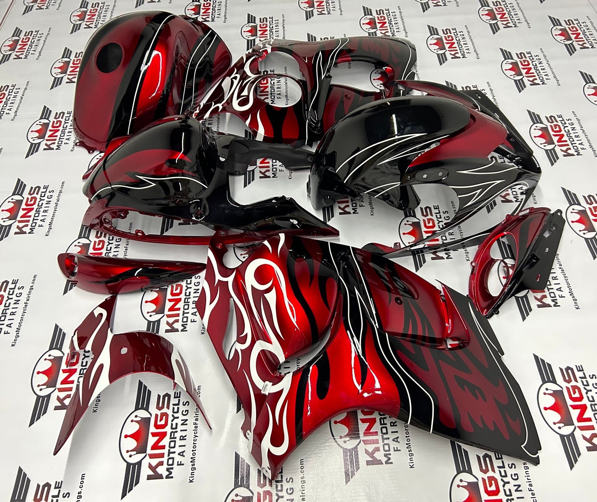 Suzuki GSXR1300 Hayabusa (2008-2019) Candy Red, Black & White Tribal Flame Fairings at KingsMotorcycleFairings.com