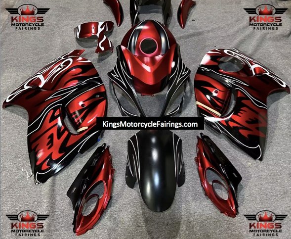 Suzuki GSXR1300 Hayabusa (2008-2019) Matte Candy Red, Matte Black & White Tribal Flame Fairings 