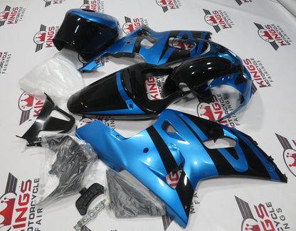 Black and Light Blue Fairing Kit for a 2000, 2001, 2002 & 2003 Suzuki GSX-R600 motorcycle.