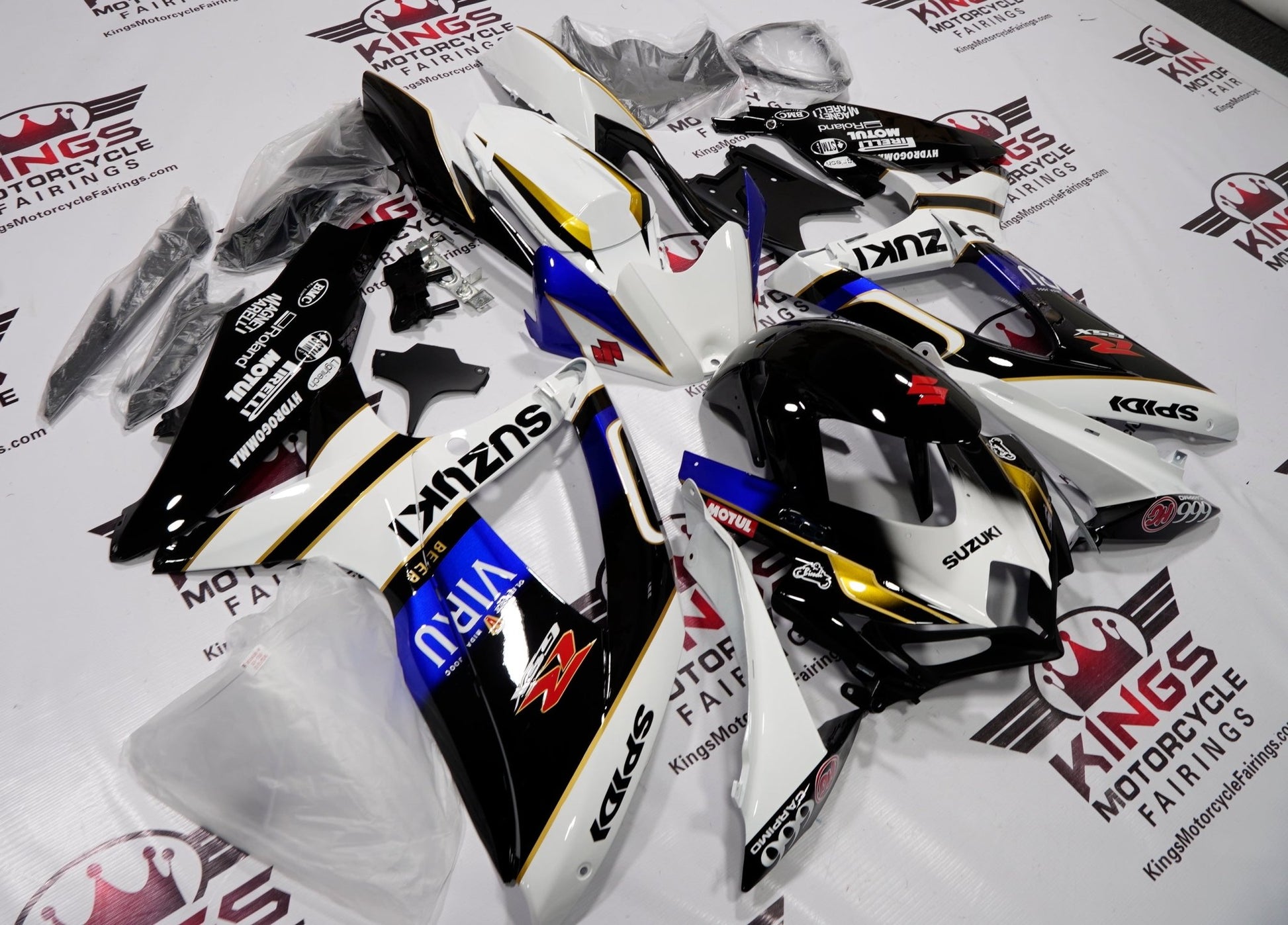 Suzuki GSXR750 (2008-2010) Black, White & Blue Viru Fairings at KingsMotorcycleFairings.com