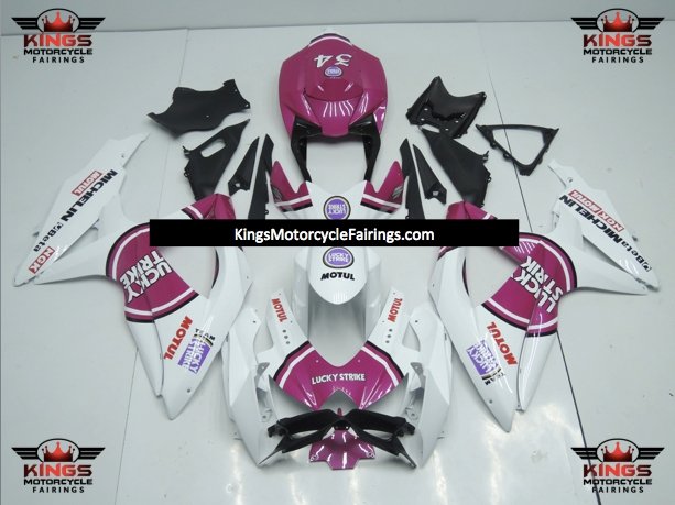 Suzuki GSX-R750 Fairings (2008-2010) White, Pink Lucky Strike at KingsMotorcycleFairings.com