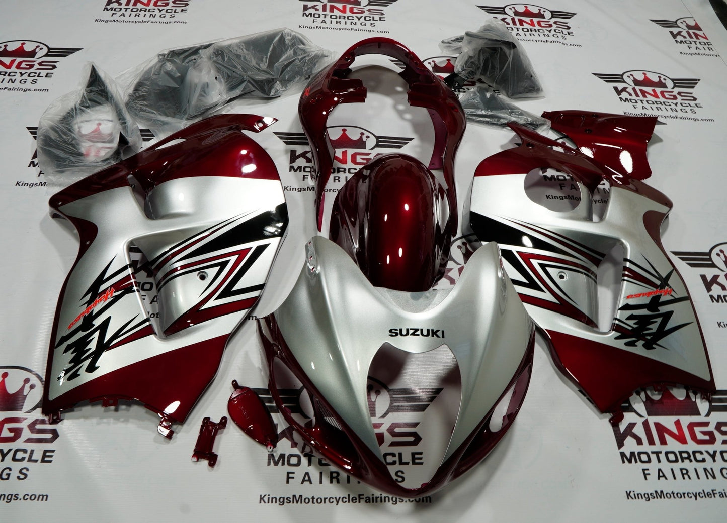 Suzuki GSX1300R Hayabusa (1999-2007) Maroon, Silver Fairings at KingsMotorcycleFairings.com