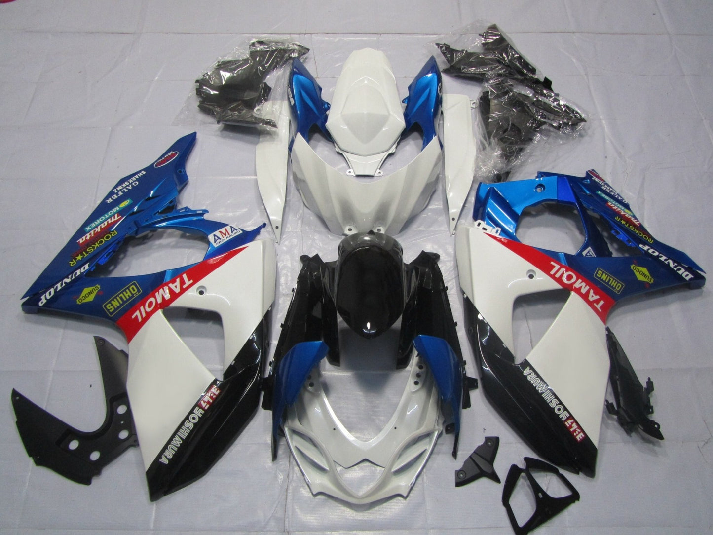 Suzuki GSXR 1000 Fairings (2009-2016) White, Blue, Black Tamoil at kingsMotorcycleFairings.com