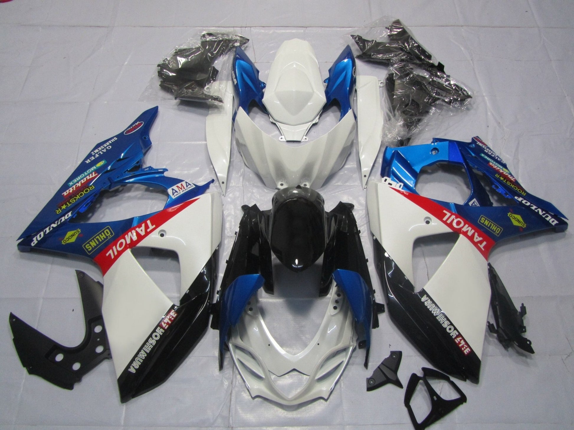 Suzuki GSXR 1000 Fairings (2009-2016) White, Blue, Black Tamoil at kingsMotorcycleFairings.com