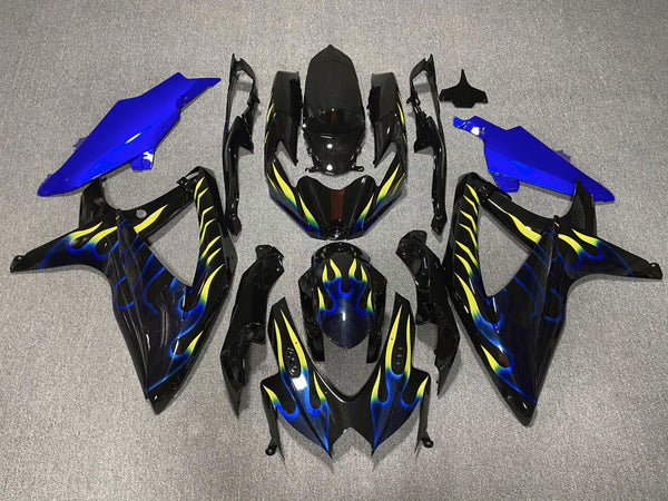 Suzuki GSXR 750 Fairings (2008-2010) Black, Blue, Yellow Flame at KingsMotorcycleFairings.com