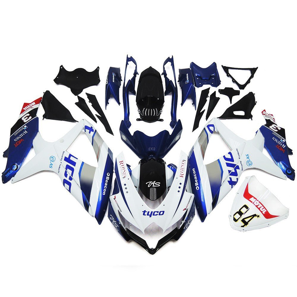 Suzuki GSXR 750 Fairings (2008-2010) White, Blue, Black Tyco at KingsMotorcycleFairings.com