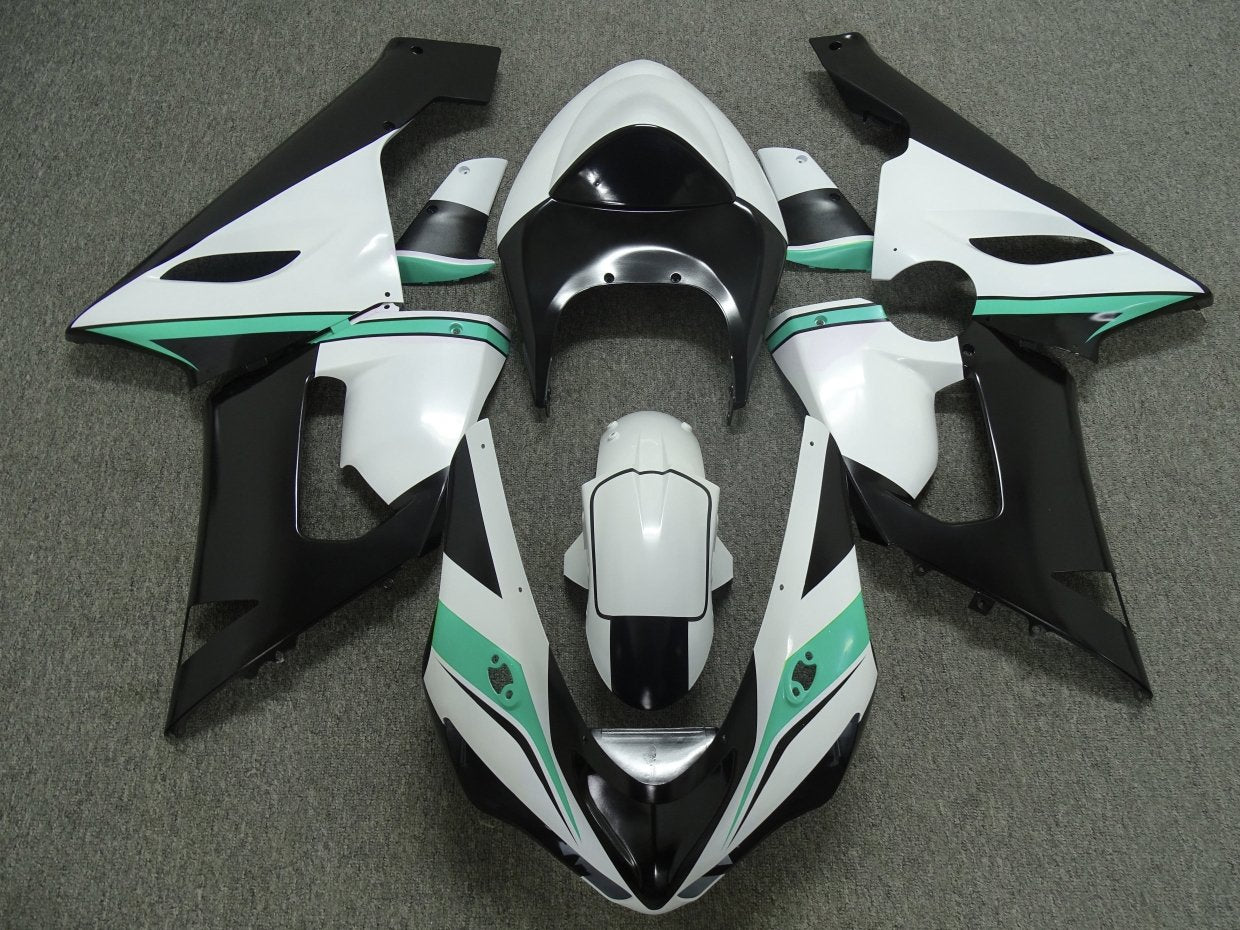White, Black and Green Fairing Kit for a 2005 & 2006 Kawasaki ZX-6R 636 motorcycle