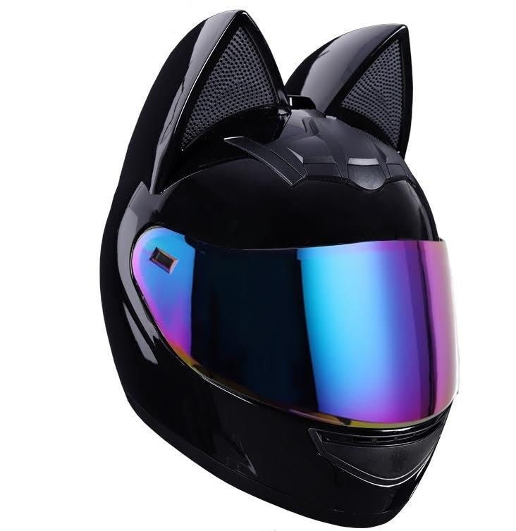 Motorcycle Helmet Black HNJ with Cat Ears & Gold Visor