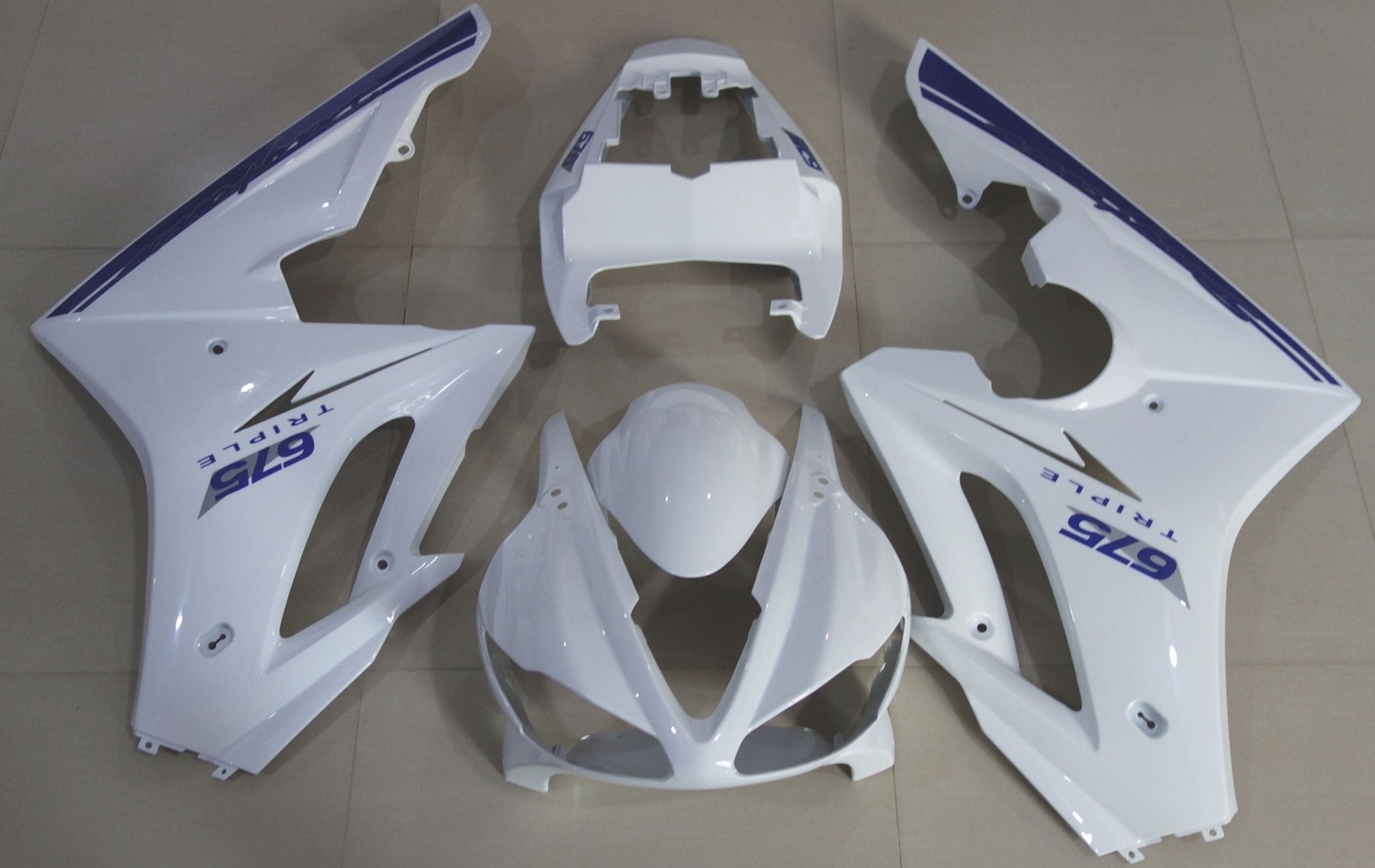 Triumph Daytona 675 Fairings (2009-2012) White, Blue at KingsMotorcycleFairings.com