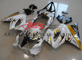 White, Black and Yellow Flame Fairing Kit for a 2002, 2003, 2004, 2005, 2006, 2007, 2008, 2009, 2010, 2011, 2012 and 2013 Honda VFR800 motorcycle