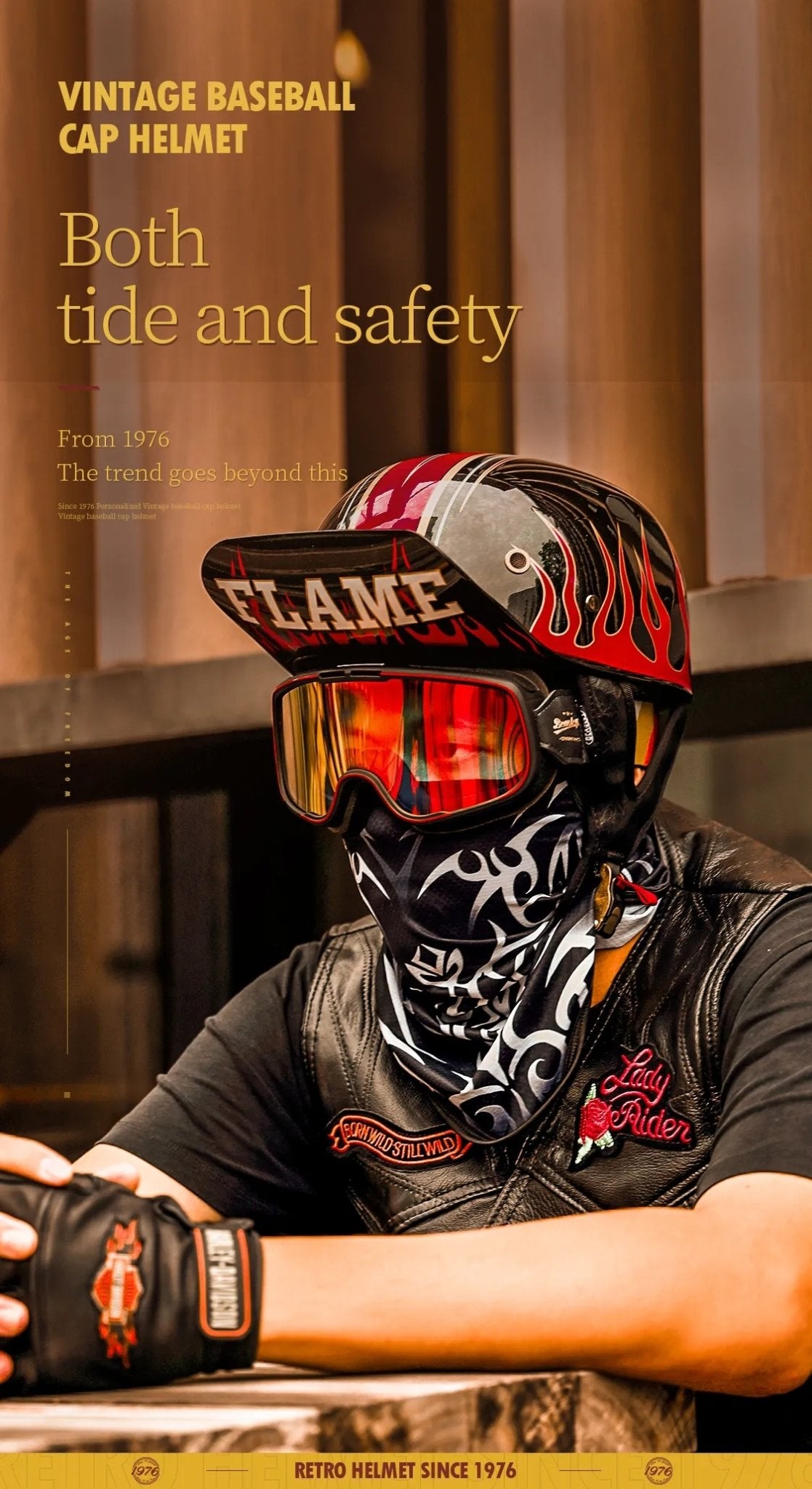 Motorcycle Helmet, White & Red Flame Vintage Baseball Cap