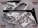 White and Black Flames Fairing Kit for a 1999 & 2000 Honda CBR600F4 motorcycle.