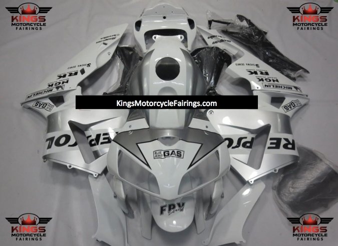 White and Silver Repsol Fairing Kit for a 2005 and 2006 Honda CBR600RR motorcycle