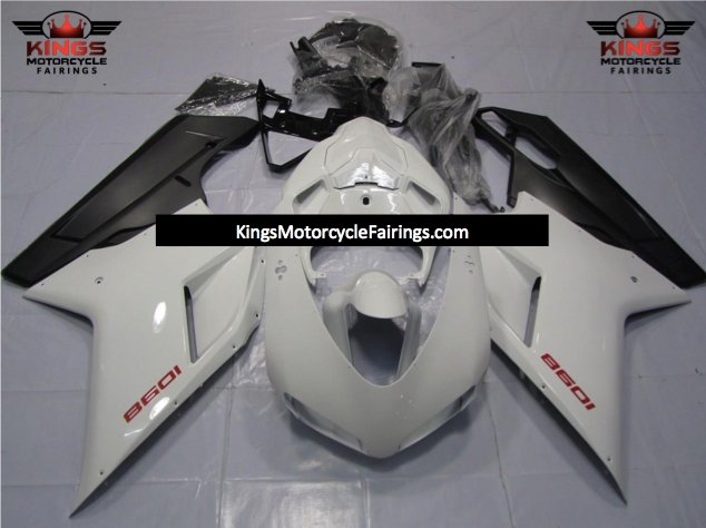 White, Red and Matte Black Fairing Kit for a 2007, 2008, 2009, 2010, 2011 & 2012 Ducati 1098 motorcycle