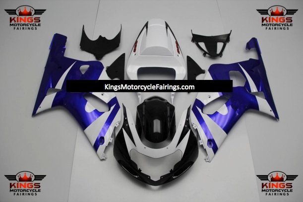 White, Blue and Black Fairing Kit for a 2000, 2001, 2002 & 2003 Suzuki GSX-R600 motorcycle