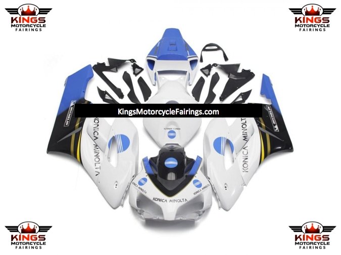 White, Blue and Black Konica Minolta Fairing Kit for a 2004 and 2005 Honda CBR1000RR motorcycle