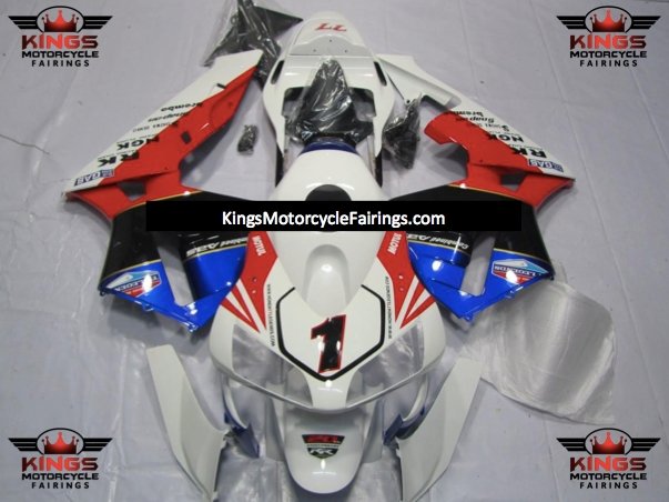  White, Red, Black and Blue TT Legends #1 Fairing Kit for a 2003, 2004 Honda CBR600RR motorcycle