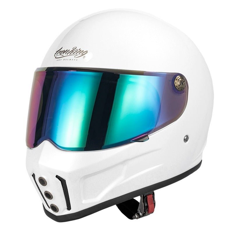 Motorcycle Helmet, White Iron King with Blue Visor