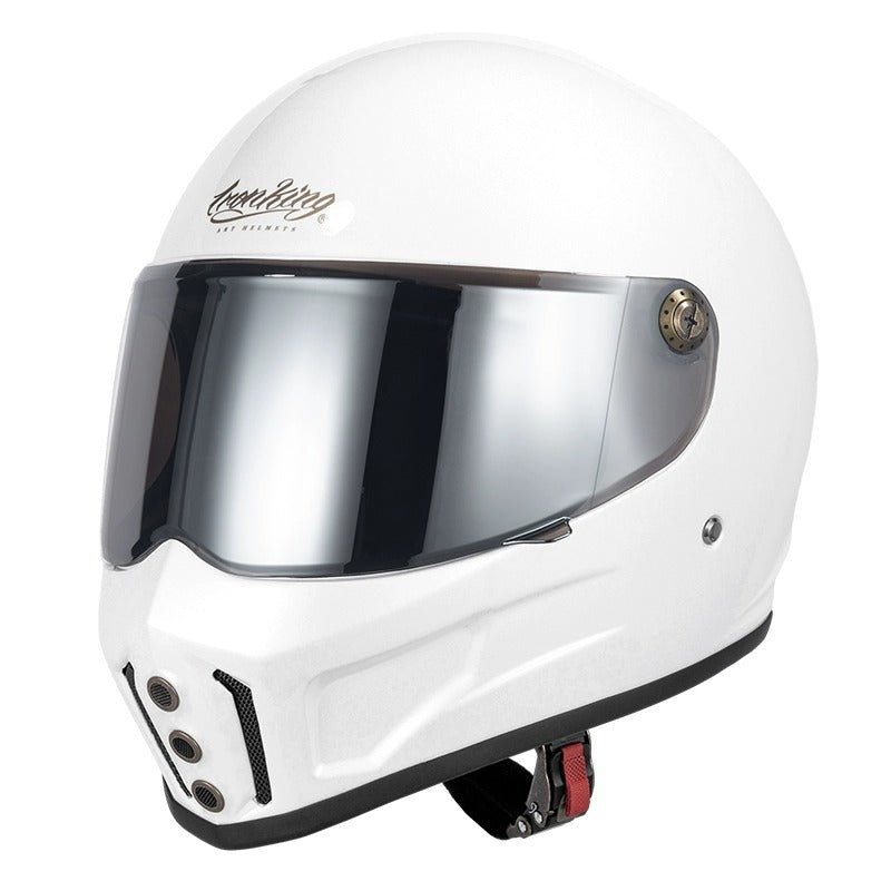 Motorcycle Helmet, White Iron King with Blue Visor