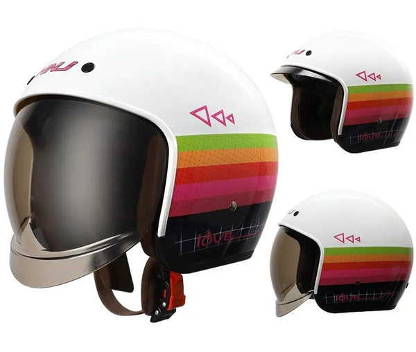 White Rainbow Striped Retro Motorcycle Helmet is brought to you by KingsMotorcycleFairings.com
