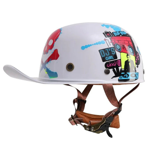 White Skull and DJ Retro Baseball Cap Motorcycle Helmet is brought to you by KingsMotorcycleFairings.com