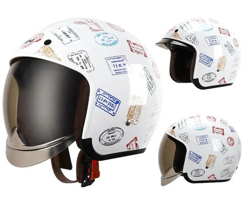 White Stamped Retro Motorcycle Helmet is brought to you by KingsMotorcycleFairings.com
