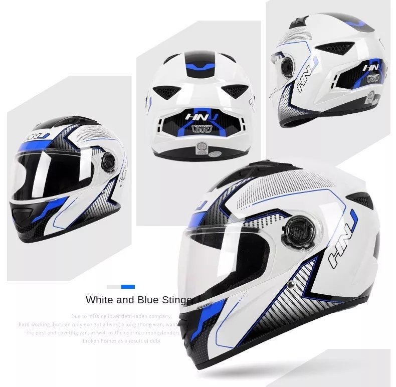 The White, Black and Blue HNJ Full-Face Motorcycle Helmet is brought to you by Kings Motorcycle Fairings