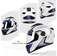 The White, Black and Blue HNJ Full-Face Motorcycle Helmet is brought to you by Kings Motorcycle Fairings