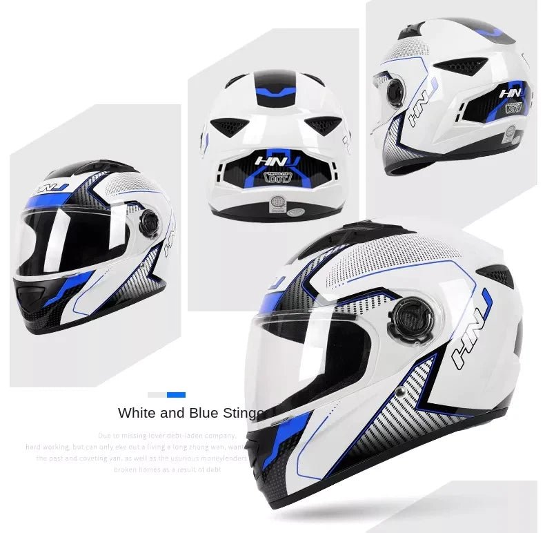 The White, Black and Blue HNJ Full-Face Motorcycle Helmet is brought to you by Kings Motorcycle Fairings