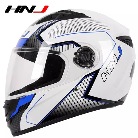 The White, Black and Blue HNJ Full-Face Motorcycle Helmet is brought to you by Kings Motorcycle Fairings