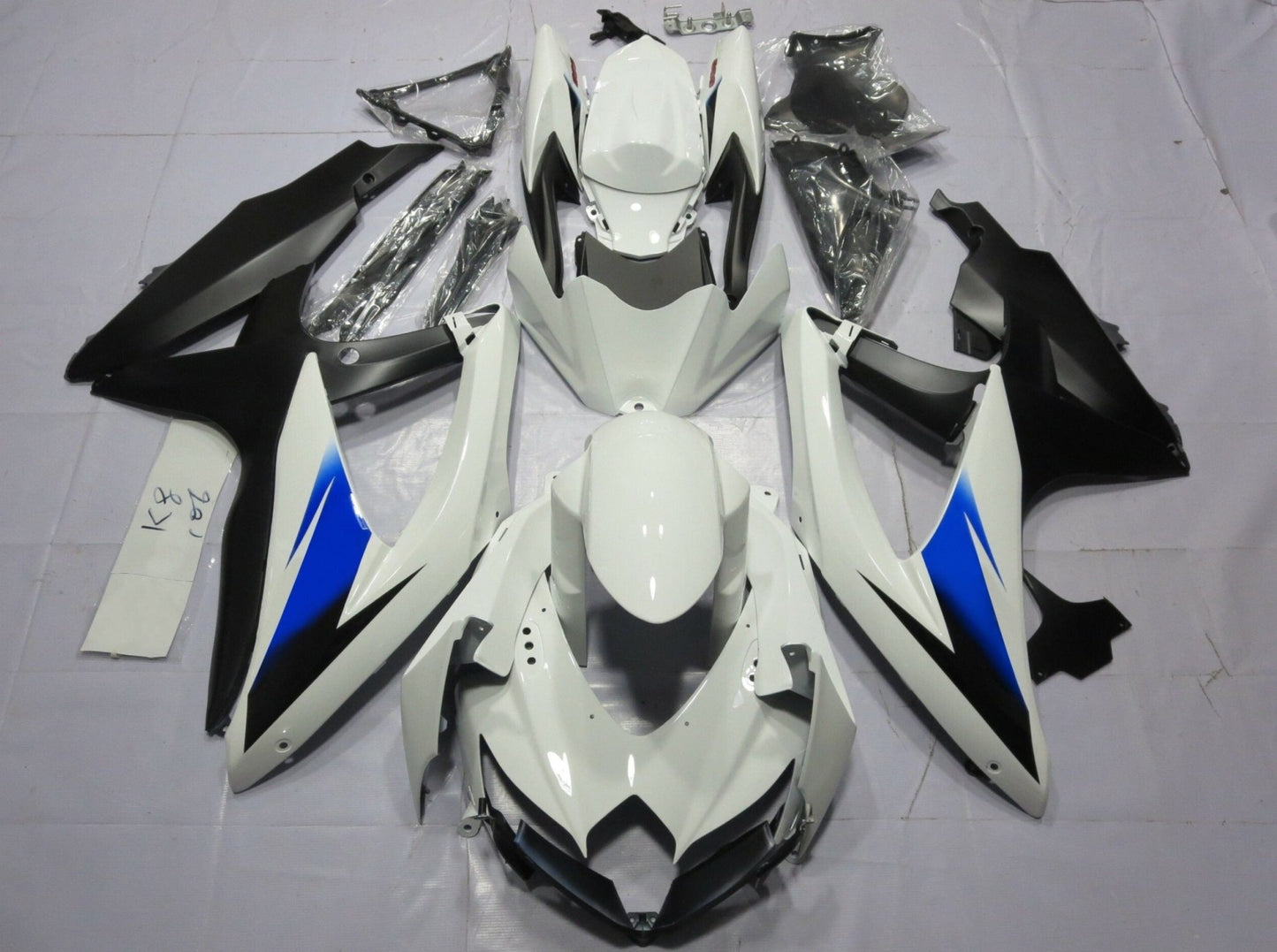 White, Black and Blue Fairing Kit for a 2008, 2009 & 2010 Suzuki GSX-R750 motorcycle