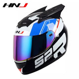 The White, Black, Blue and Red HNJ Full-Face Motorcycle Helmet with Horns is brought to you by Kings Motorcycle Fairings
