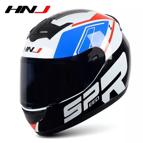The White, Black, Blue and Red HNJ Full-Face Motorcycle Helmet is brought to you by Kings Motorcycle Fairings