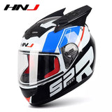The White, Black, Blue and Red HNJ Full-Face Motorcycle Helmet with Horns is brought to you by Kings Motorcycle Fairings