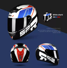 The White, Black, Blue and Red HNJ Full-Face Motorcycle Helmet is brought to you by Kings Motorcycle Fairings