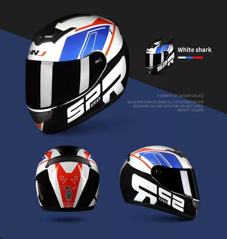 The White, Black, Blue and Red HNJ Full-Face Motorcycle Helmet with Horns is brought to you by Kings Motorcycle Fairings