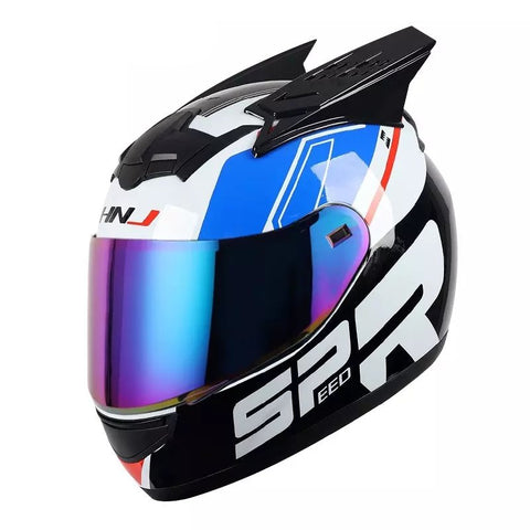 White, Black, Blue, Red HNJ Motorcycle Helmet with Horns, Blue Visor at KingsMotorcycleFairings.com
